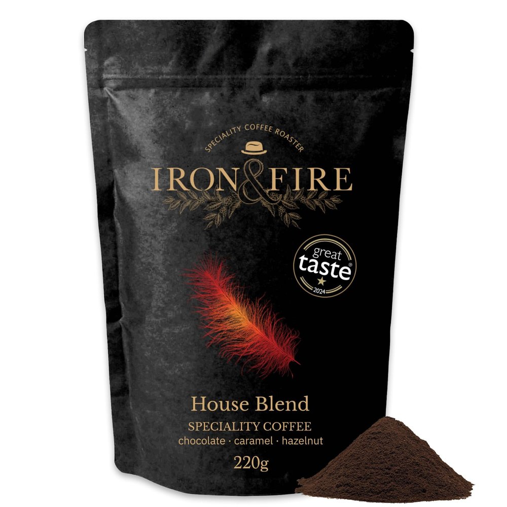 House Blend Speciality Coffee Espresso Grind 220g - Rich South American Single-Origin, Nutty and Chocolate Notes, Medium Roast, Perfect for Espresso & Versatile Brewing - IRON & FIRE