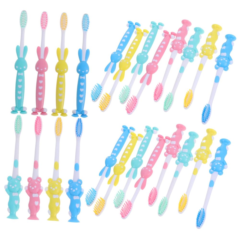 Healeved 32pcs Boys and Girls Toothbrush Bulk Soft Bristles Cartoon Design Suction Cup Base Toothbrush for Boys and Girls