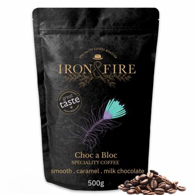 Choc a Bloc 500g Whole Beans  Elevate Your Coffee Ritual with Award-Winning Central American Coffee, Infused with Milk Chocolate, Caramel & Vanilla Notes  Ideal for Fresh Grind Lovers  IRON & FIRE