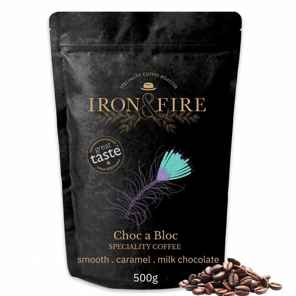 Choc a Bloc 500g Whole Beans  Elevate Your Coffee Ritual with Award-Winning Central American Coffee, Infused with Milk Chocolate, Caramel & Vanilla Notes  Ideal for Fresh Grind Lovers  IRON & FIRE