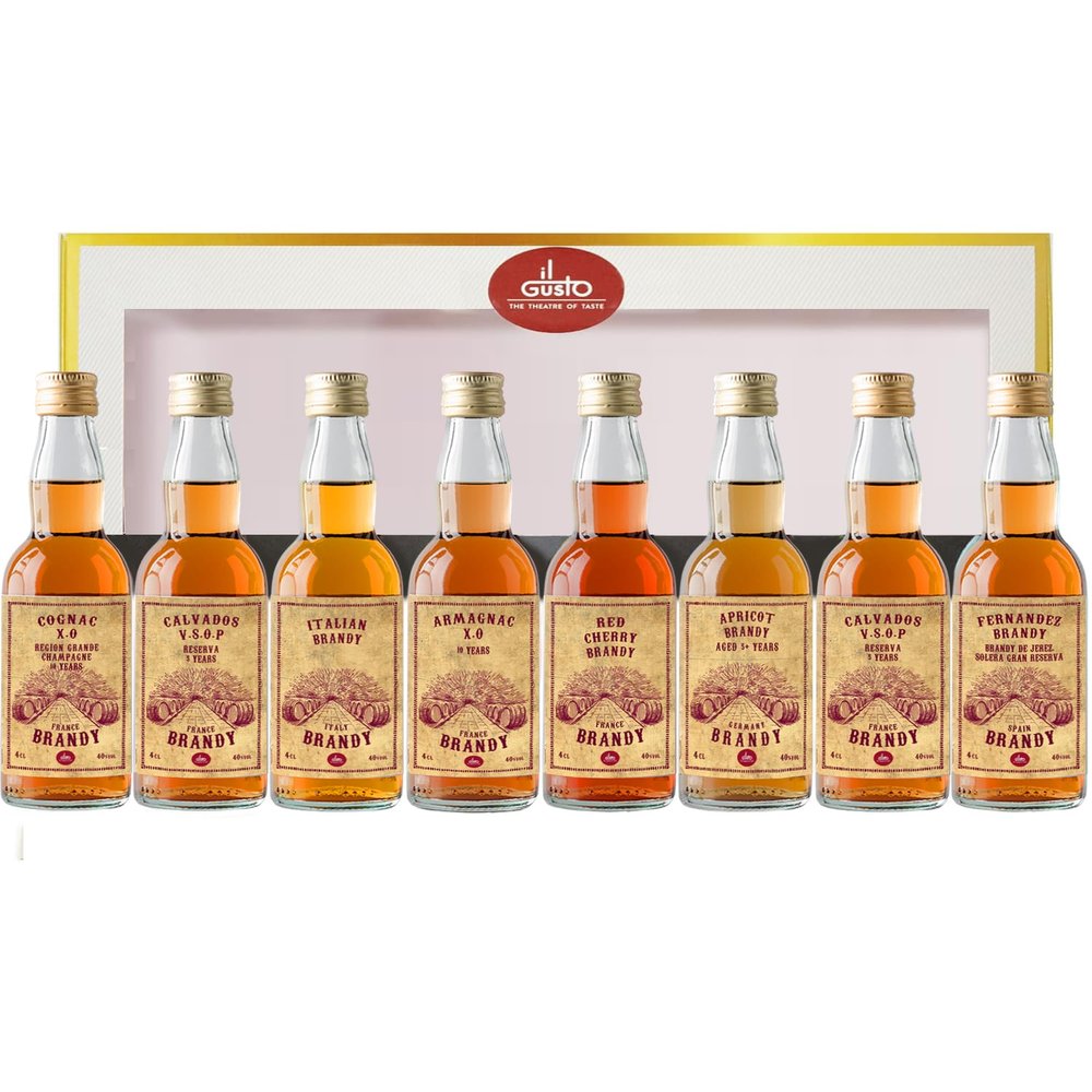 IL GUSTO Brandy Tasting Gift Box Cognac X.O, Cognac V.S.O.P, Italian, Armagnac X.O, Red Cherry, Forest Raspberry, Calvados V.S.O.P, Fernandez - Luxury Gift Set for Brandy Lovers (Pack of 8)