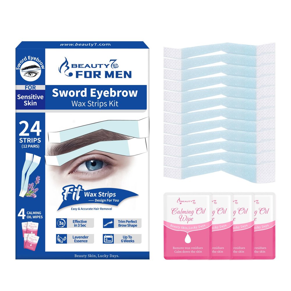 Beauty7 Mens Sword Eyebrow Wax Strips For Sensitive Skin, Unibrow Cold Wax Facial Hair Removal 24 Strip with 4 Cleaner Oil Wipes