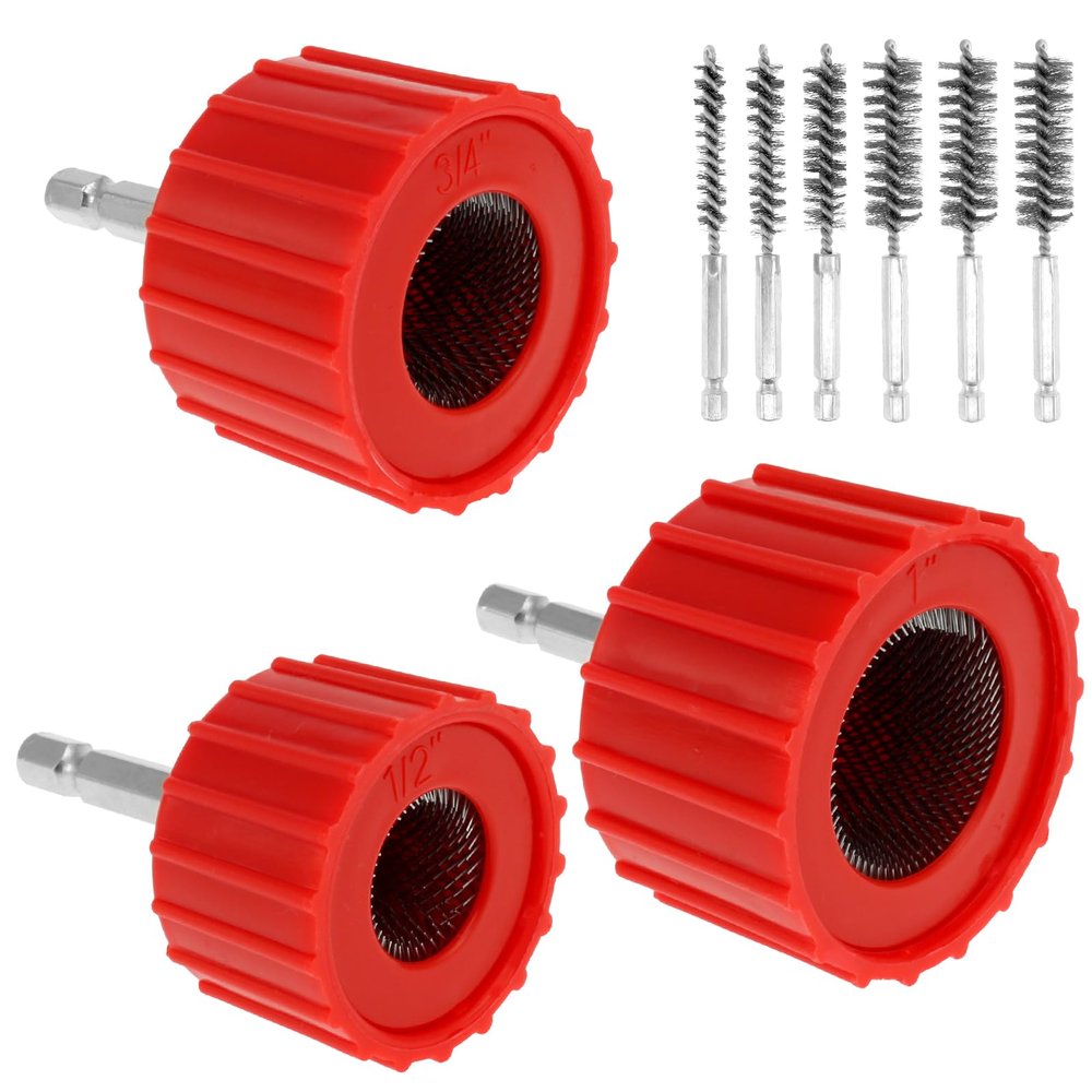 9-Piece Copper Pipe Cleaner Set for Drill - Includes 1/2", 3/4", & 1" Tube Cleaning Brushes - Made with Stainless-Steel Wire Bristles - Ideal for Cleaning Copper, Bronze, & Brass Pipes