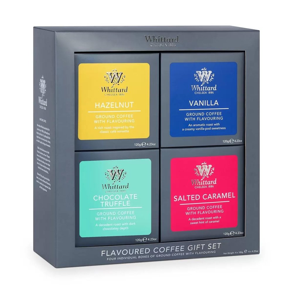 Whittard | Flavoured Coffee Gift Set For Men & Women | 4 Boxes of Single Origin Arabica Ground Coffee | Brews up to 58 cups | 4 x 120g Ground Coffee Bags