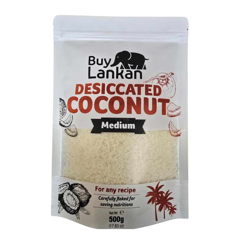 Desiccated Coconut Medium 500g by Buy Lankan - Made in Sri Lanka, Natural Dried Coconut,High Fibre, Ideal for Baking, Cooking, and Topping Desserts, Vegan & Gluten-Free