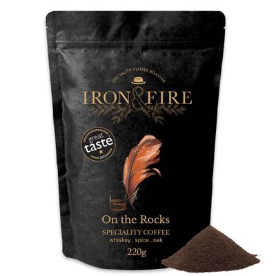 On the Rocks Whiskey Infused Coffee 220g Pour Over Grind - Medium Roast with Whiskey, Spice & Oak Notes | Ideal for Espresso, French Press & Pour Over Lovers - IRON & FIRE