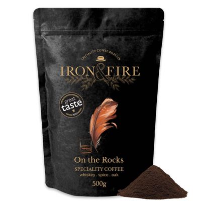On the Rocks Whiskey Infused Coffee 500g Espresso Grind - Medium Roast with Whiskey, Spice & Oak Notes | Ideal for Espresso, French Press & Flat White Lovers - IRON & FIRE