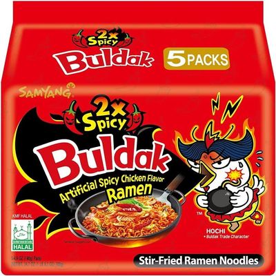 Samyang Chicken Ramen Noodles (140 x 5) Gram - Instant Korean Style Spicy Flavour - Quick & Delicious Instant Chewy Noodles (Pack of 1, Samyang 2xSpicy Noodles)