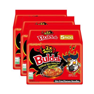 Samyang Chicken Ramen Noodles (140 x 5) Gram - Instant Korean Style Spicy Flavour - Quick & Delicious Instant Chewy Noodles (Pack of 3, Samyang 2xSpicy Noodles)