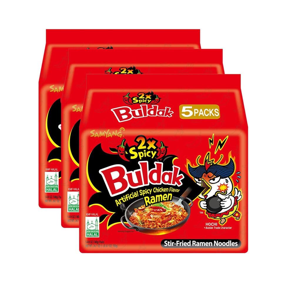 Samyang Chicken Ramen Noodles (140 x 5) Gram - Instant Korean Style Spicy Flavour - Quick & Delicious Instant Chewy Noodles (Pack of 3, Samyang 2xSpicy Noodles)