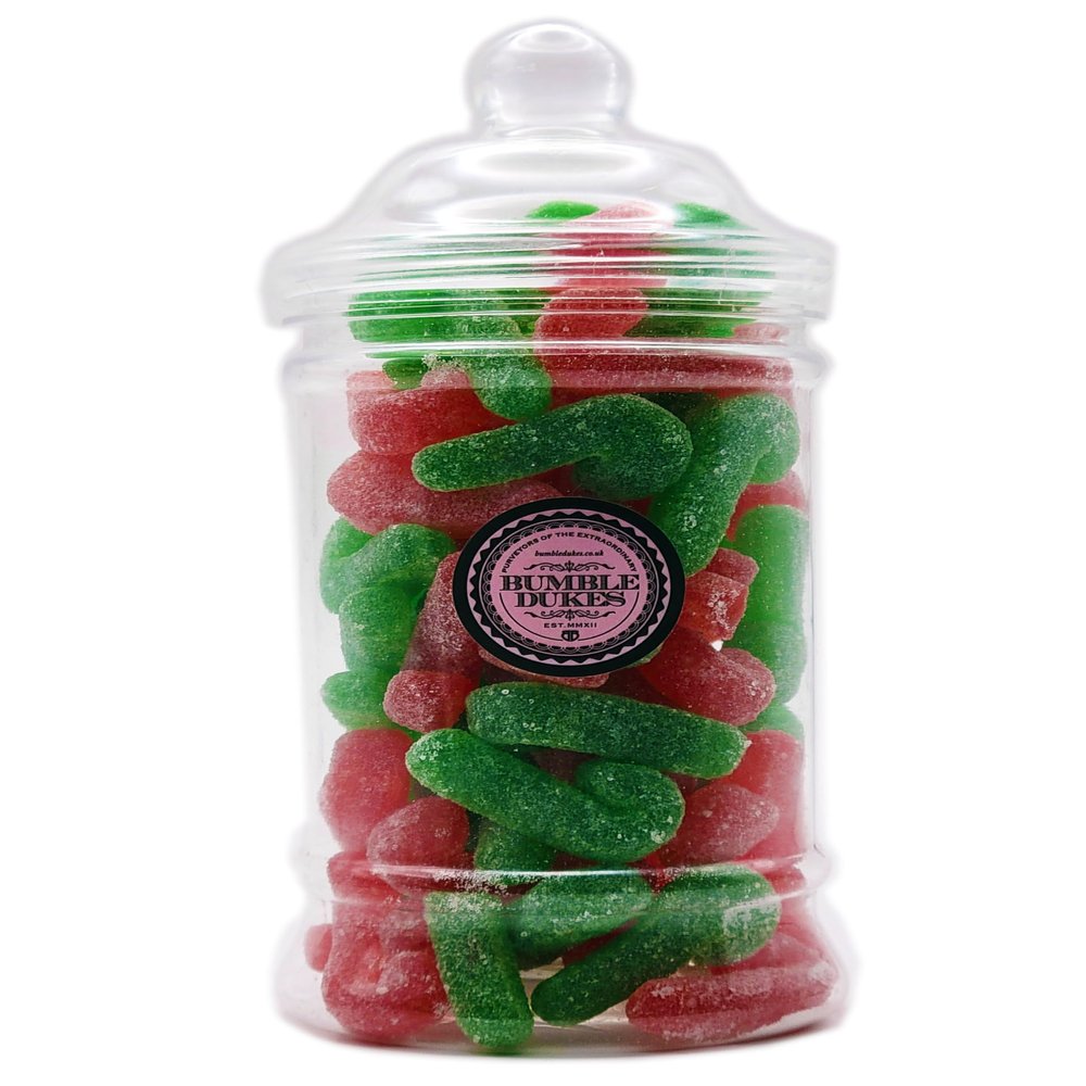 BUMBLEDUKES CHRISTMAS SWEETS JAR: STRAWBERRY FLAVOUR CANDY CANE SHAPED FROSTED JELLIES VICTORIAN STYLE CANDY JAR XMAS SWEET GIFT