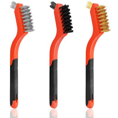 3pcs Upgraded Wire Brushes Set for Rust Cleaning - Includes Brass, Stainless Steel & Nylon Bristles, Small 7-Inch Metal Wire Brush with Ergonomic Curved Handle Grip, Ideal for Paint, Stain