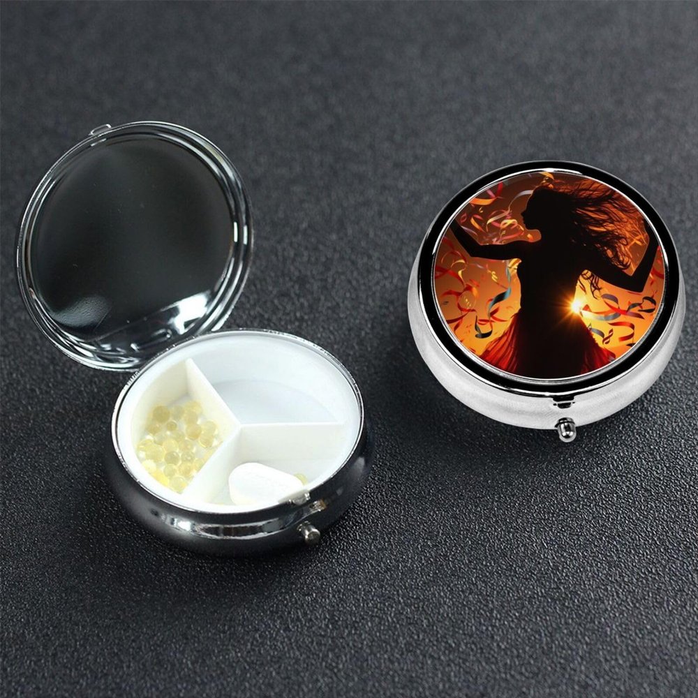 Small Pill Box Portable Pill Case 3 Compartment Metal Pill Vitamins Holder Organizer Cute Dance Music Travel Pillbox for Purse Pocket