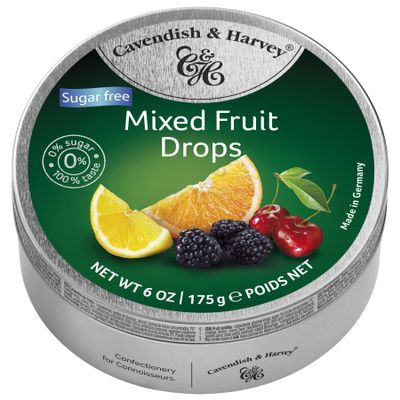 Pack of 6 Cavendish & Harvey Sugar-Free Mixed Fruit Drops in Tin Premium Travel Sweets made with Real Fruit Juice, Vegan Friendly Confectionery Hard-Boiled Candies Each H4 x 9.7cm Diameter, 175g