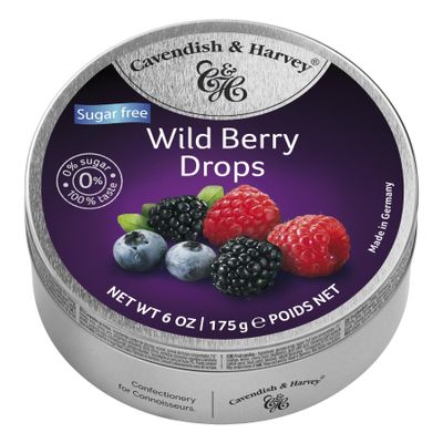 Pack of 3 Cavendish & Harvey Sugar-Free Wild Berry Fruit Drops in Tin Premium Travel Sweets made with Real Fruit Juice, Vegan Friendly Confectionery Hard-Boiled Candies Each H4 x 9.7cm Dia, 175g