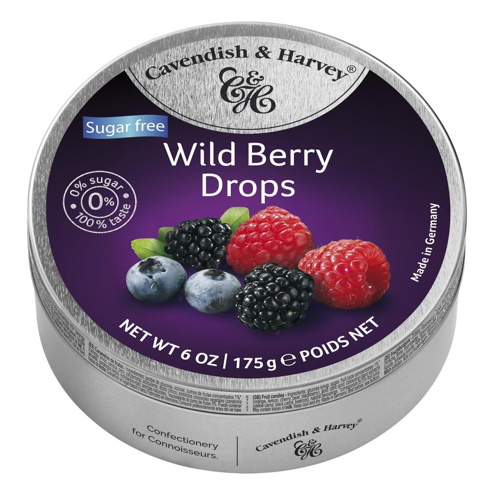 Pack of 3 Cavendish & Harvey Sugar-Free Wild Berry Fruit Drops in Tin Premium Travel Sweets made with Real Fruit Juice, Vegan Friendly Confectionery Hard-Boiled Candies Each H4 x 9.7cm Dia, 175g