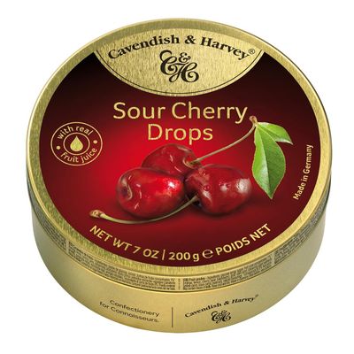 Pack of 6 Cavendish & Harvey Sour Cherry Fruit Drops in Tin Premium Fruity Travel Sweets made with Real Fruit Juice, Vegan Friendly Confectionery Hard-Boiled Candies Each H4 x 9.7cm Diameter, 200g