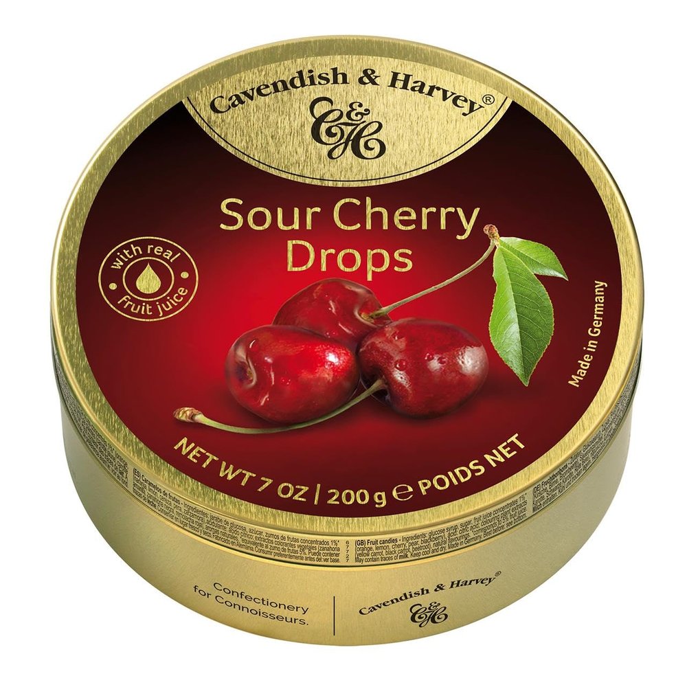 Pack of 6 Cavendish & Harvey Sour Cherry Fruit Drops in Tin Premium Fruity Travel Sweets made with Real Fruit Juice, Vegan Friendly Confectionery Hard-Boiled Candies Each H4 x 9.7cm Diameter, 200g