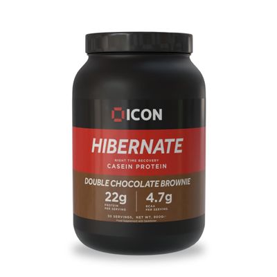 ICON Nutrition Hibernate Micellar Casein Protein - Double Choc Brownie, Slow-Release Nighttime Recovery Formula, 24g Protein, 100% Grass-Fed Casein, Low Sweetener 900g, 30 Servings