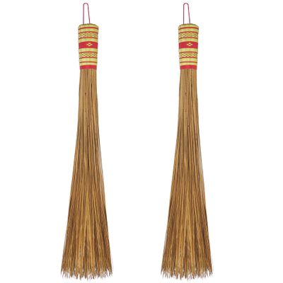 2 Piece 32 inch Multi-Surface Sturdy Outdoor Authentic Coconut Leaf Broom Asian Heavy Duty Broom Thai Natural Coconut Leaf Broom (Country Rustic)