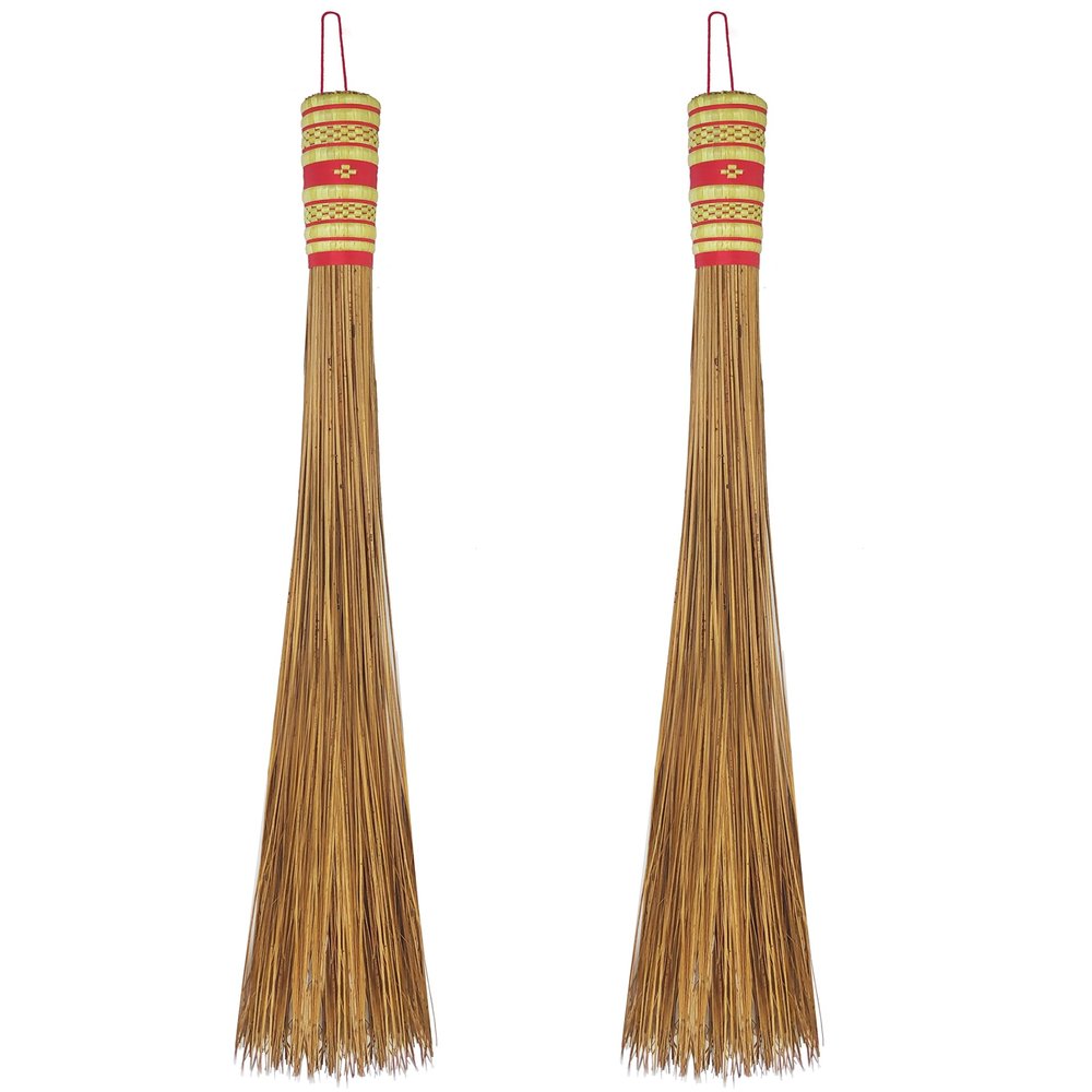 2 Piece 32 inch Multi-Surface Sturdy Outdoor Authentic Coconut Leaf Broom Asian Heavy Duty Broom Thai Natural Coconut Leaf Broom (Country Rustic)
