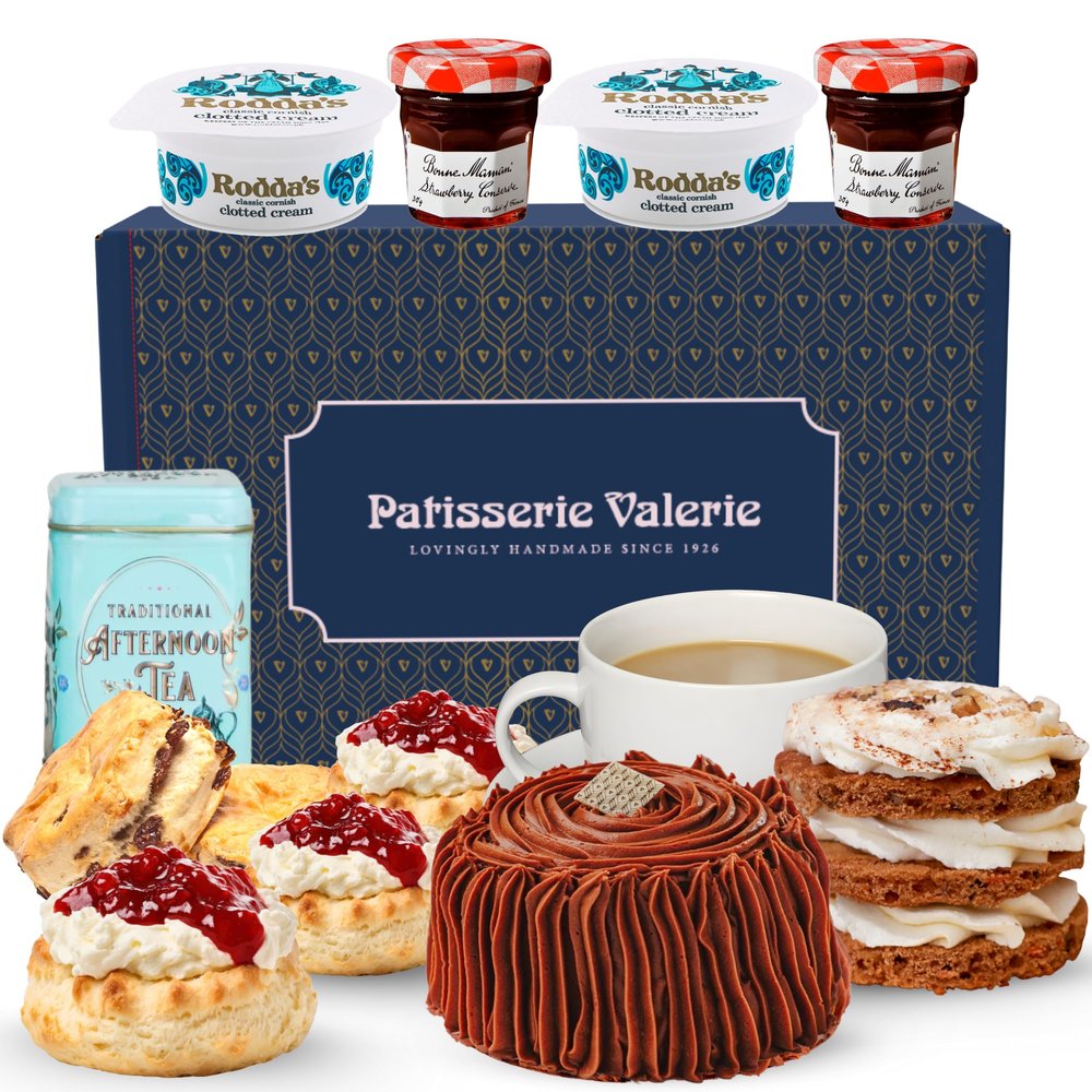 Patisserie Valerie Classic Cream Tea Hamper for 2 With Loose Tea Afternoon Tea Gift Set with Fresh Scones, Handmade Cakes, Jam, Clotted Cream & Tea Food Hamper for Birthdays - Handmade in the UK
