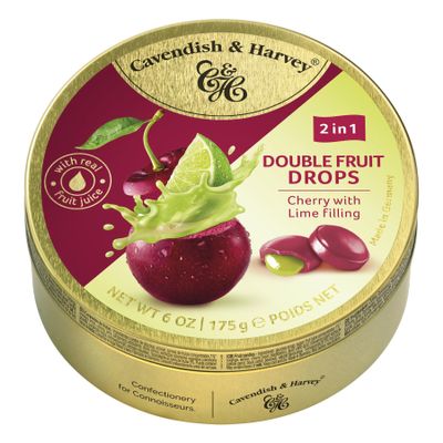 Pack of 6 Cavendish & Harvey Cherry with Lime Filling Double Fruit Drops in Tin Premium Travel Sweets with Real Fruit Juice, Hard-Boiled Candy Confectionery Each H4 x 9.7cm Dia, 175g