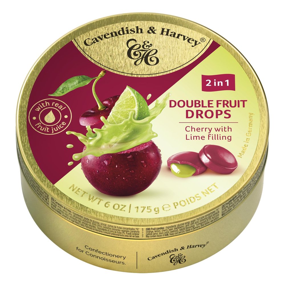 Pack of 6 Cavendish & Harvey Cherry with Lime Filling Double Fruit Drops in Tin Premium Travel Sweets with Real Fruit Juice, Hard-Boiled Candy Confectionery Each H4 x 9.7cm Dia, 175g