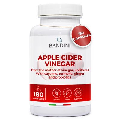 Bandini Apple Cider Vinegar Complex 1860mg High Concentration, 180 Vegan Apple-Cider Vinegar Capsules with the Mother, Unfiltered, with Probiotics, Turmeric, Pepper, Ginger, 2 Month Supply