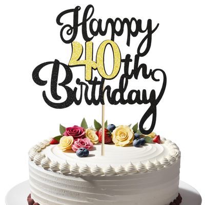 Chewarelly 40th Happy Birthday Cake Topper, Glitter Happy 40th Birthday Cake Topper for Birthday Party Cake Decoration(Black with Gold)