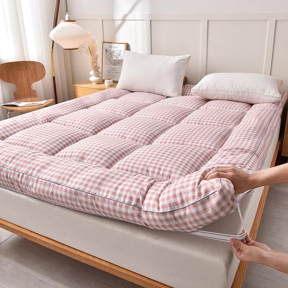 Mattress Topper Single/Twin/Queen/King Size,8cm Thick Pillow Top Mattress Topper for Back Pain,Super Soft Japanese Futon Mattress Floor Guest Bed (Pink,150x200cm)