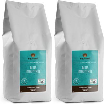 Blue Mountain Medium Roast Coffee Beans 2kg - 2 x 1kg Bundle - Brown Bear - For All Coffee Machines - Strength 3 - Donation to Free The Bears - 100% Arabica