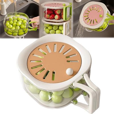 2-in-1 Draining and Preservation Basket, Multifunctional Fruit Washing Bowl with Strainer,Foldable Colander with Lockable Lid, Strainer Bowl Food Drainer,Vegetable Container with Lid and Handle (B)
