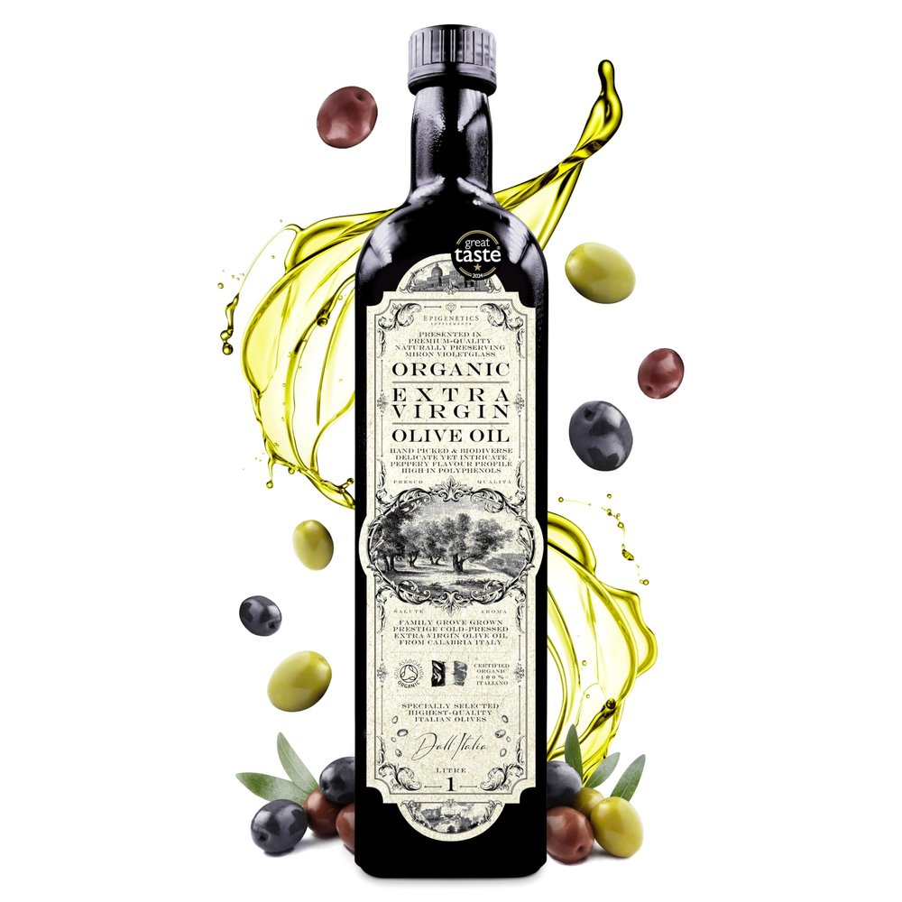 Organic Extra Virgin Olive Oil 1000ml | Prestige Cold Pressed Olives From Calabria, Italy | High Polyphenols | Premium Naturally Preserving Miron Violet Glass | 1L Vegan Friendly