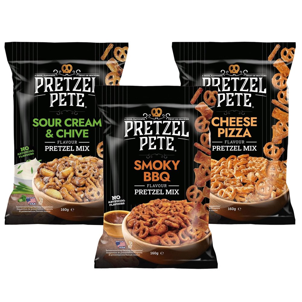 Pretzel Pete Assorted Pretzel Mix - Tasty Authentic American Healthy Crunchy Savoury Party Sharing Snack with No Artificial Flavours  3 x 160g Packs, 1 of Each Cheese Pizza, Sour Cream & Smoky BBQ