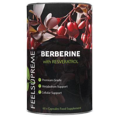 Feel Supreme - Berberine with Resveratrol Supplement - High Potency Food Supplements for Blood Sugar - Cholesterol and Immune Support, Berberine Supplement, Resveratrol Supplements - 60 Capsules
