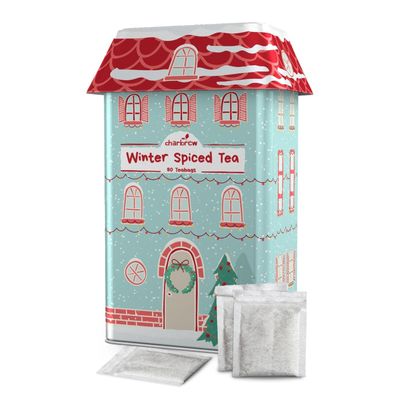Charbrew Illustrated Christmas Painted House Winter Spiced Metal Tea Tin Caddy Gift 80 Teabags Black Tea Winter Spice Blend