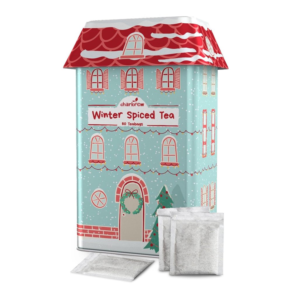 Charbrew Illustrated Christmas Painted House Winter Spiced Metal Tea Tin Caddy Gift 80 Teabags Black Tea Winter Spice Blend