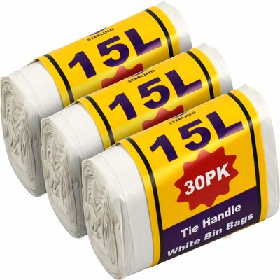 15L Plastic White Bin Bags Liners with Tie Handles 30pk (3)