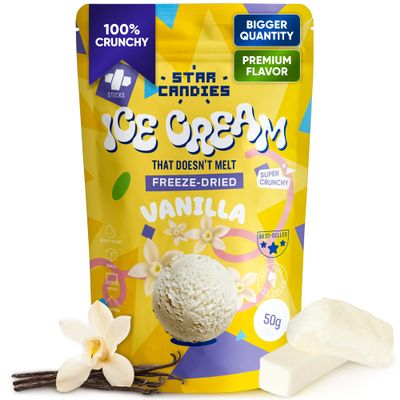 Star Candies Freeze Dried Ice Cream Vanilla - No Melting Freeze Dried Sweets - Crunchy Camping Food - Premium Astronaut Ice Cream loved by Kids and Adults - Space Food, Gift (50 g, 1 pack)