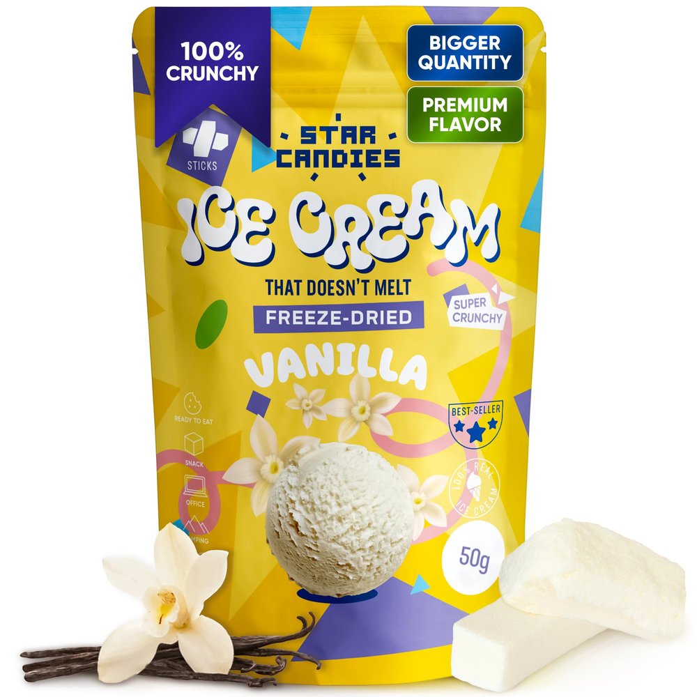 Star Candies Freeze Dried Ice Cream Vanilla - No Melting Freeze Dried Sweets - Crunchy Camping Food - Premium Astronaut Ice Cream loved by Kids and Adults - Space Food, Gift (50 g, 1 pack)