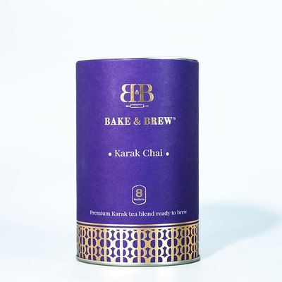 BAKE & BREW Karak Tea - Premium Unsweetened Karak Chai Mix with Black Loose Tea, Guatemalan Cardamom & Ginger | 8 Sachets (80g Tube) | 100% Natural, Vegan-Friendly Indulgence | Brew in 5 Minutes