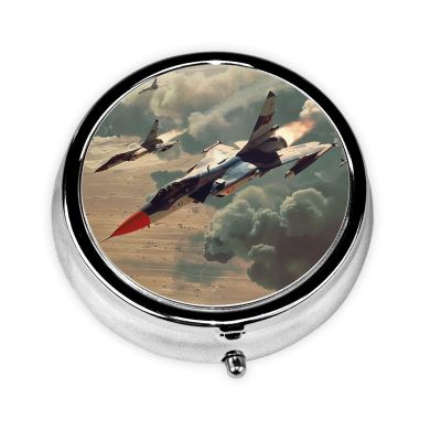 Jet Fighter Printed Round Pill Organizer with 3 Compartments, Portable Mini Pill Box Pill Case for Medicine, Vitamin, Fish Oil, Supplements