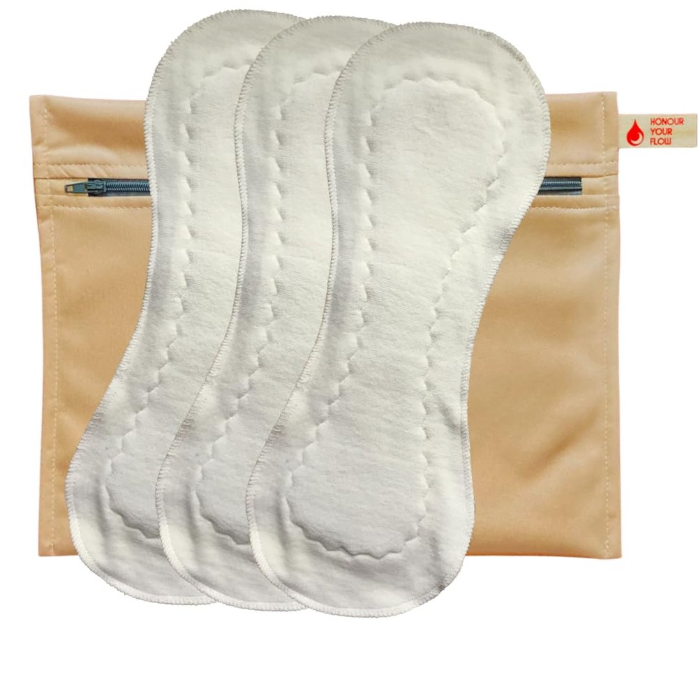 3 Pack HONOUR YOUR FLOW Slim Mega Pads + Free Wet Bag | Reusable Sanitary Pads | Heavy Flow | Organic Cotton | Leakproof | Comfortable | Beautiful