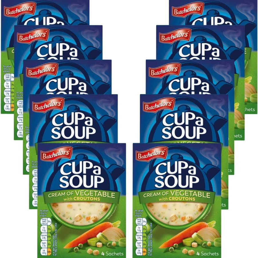 Instant Soup Bundle with Batchelors Cup A Soup Cream of Vegetable with Croutons 122g - 10 Pack | Suitable For Vegetarians, Low In Fat and Sugar.