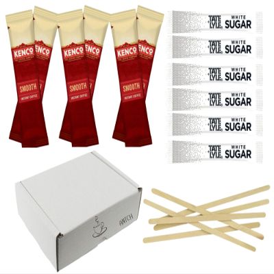 65 pack Coffee Bundle: 25 Kenco Smooth Coffee Sachets, 30 White Sugar Sachets, and10 Eco-Friendly Wooden Stirrers