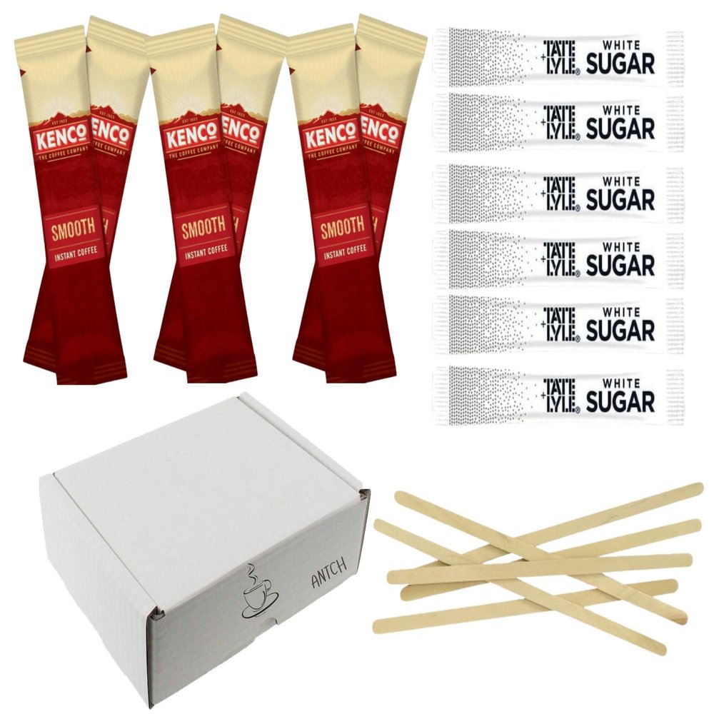 65 pack Coffee Bundle: 25 Kenco Smooth Coffee Sachets, 30 White Sugar Sachets, and10 Eco-Friendly Wooden Stirrers