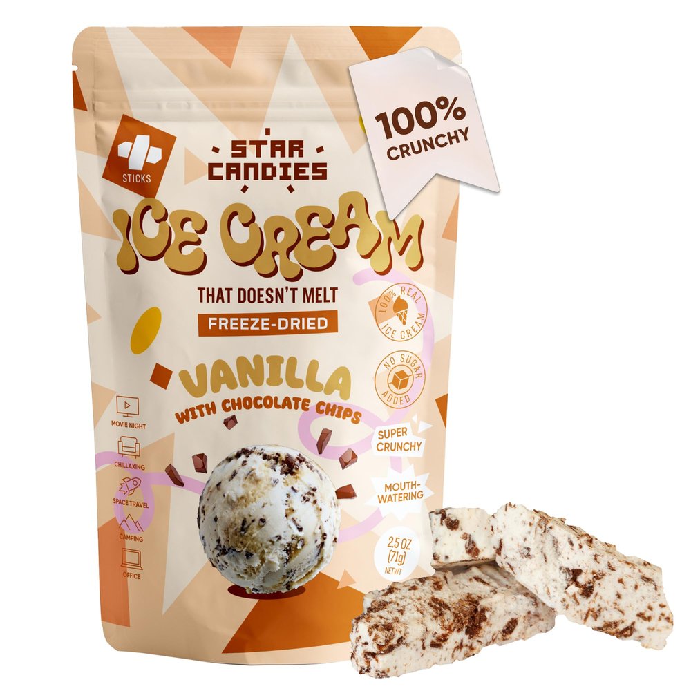 Star Candies Freeze Dried Ice Cream Vanilla with Chocolate - No Melting Freeze Dried Sweets - Crunchy Camping Food - Astronaut Ice Cream loved by Kids and Adults - Space Food, Gift (50 g, 1 pack)