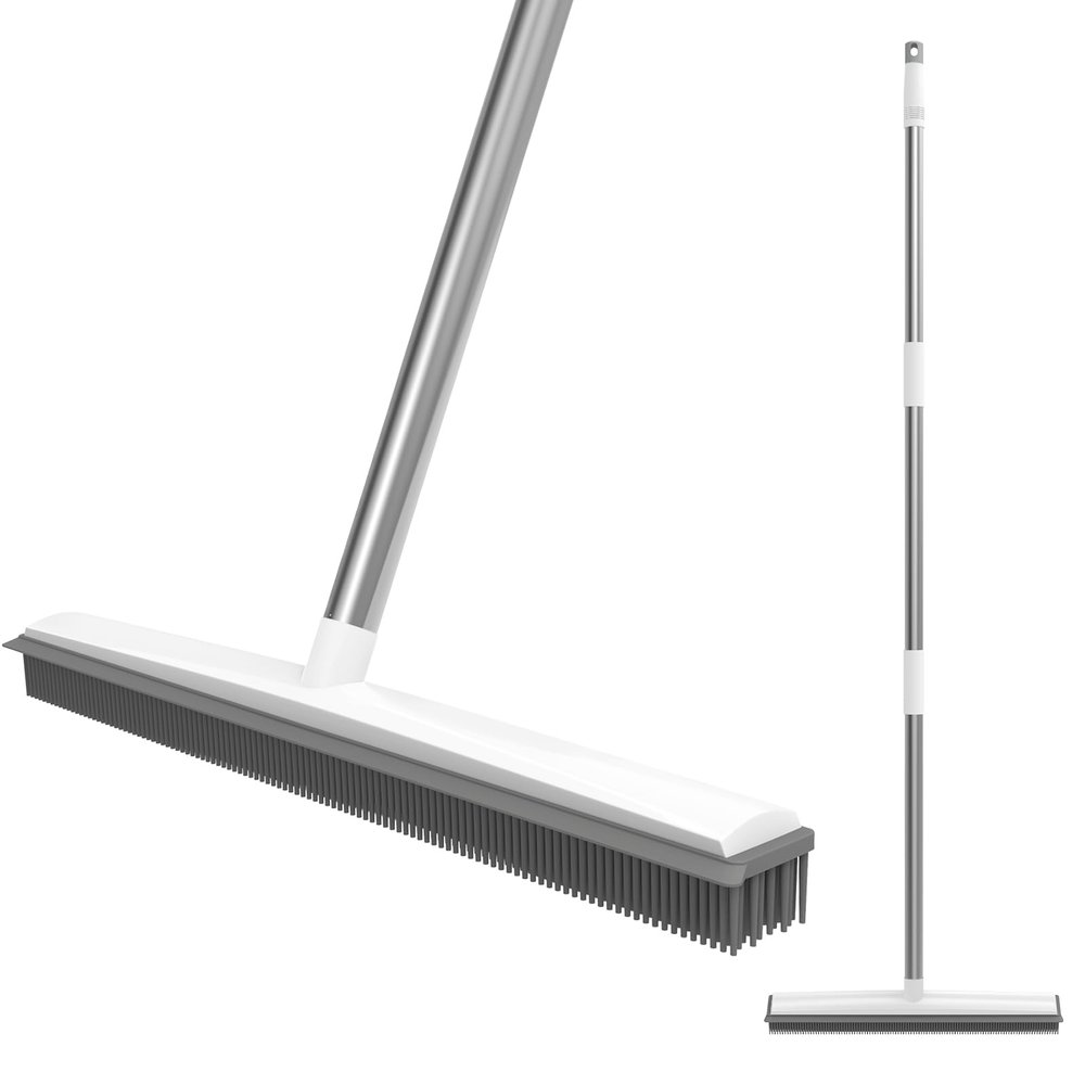2 in 1 Rubber Broom with Built in Squeegee, Adjustable 120cm Stainless Steels Long Handle, Soft Broom Indoor for Clean Windows Wooden Floor Sofa Bathroom Rugs Car Pet Hair Removal Dust