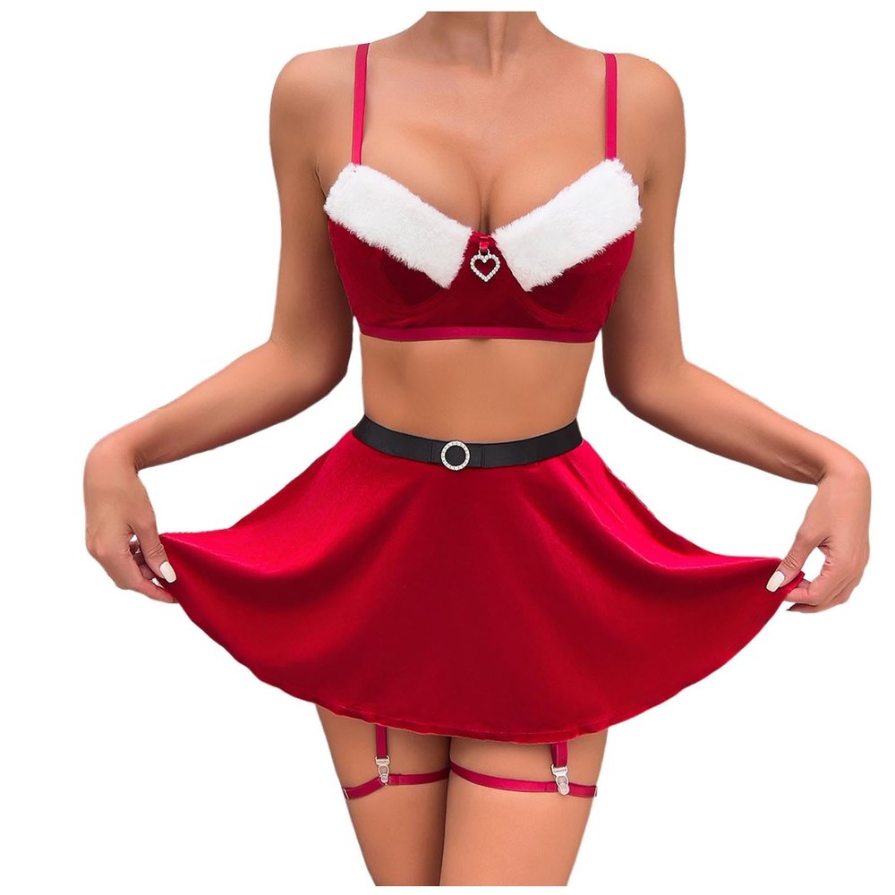 ADMAY Sexy Santa Outfit Women Sexy Lingerie Red Christmas Nightwear Set Bra One Piece Underwear Valentine's Day Gift Christmas Costume Solid Color Lace Suspender